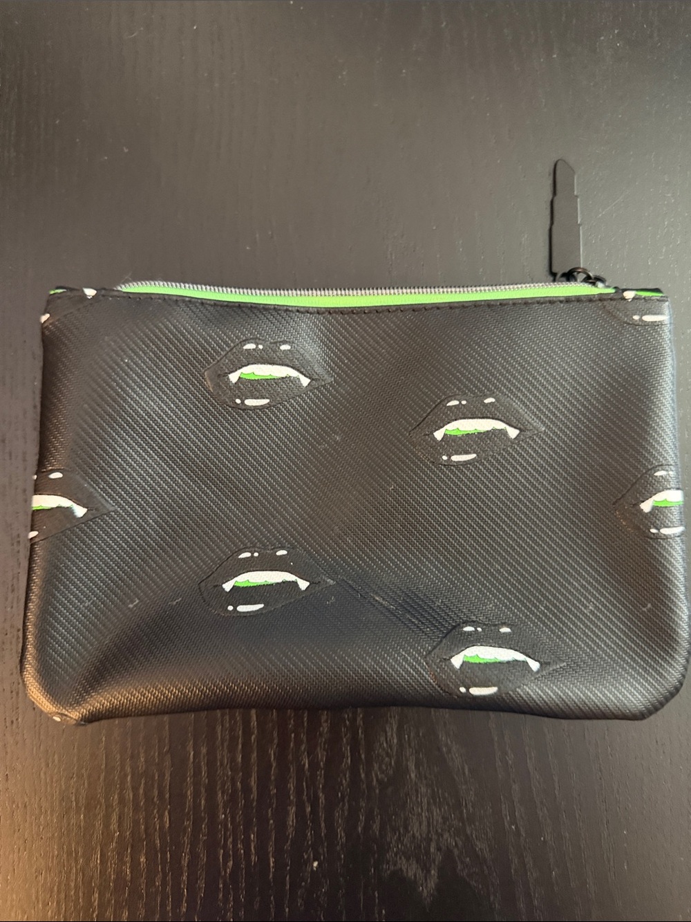 ipsy Black Lip-Print Pouch with Green Accents